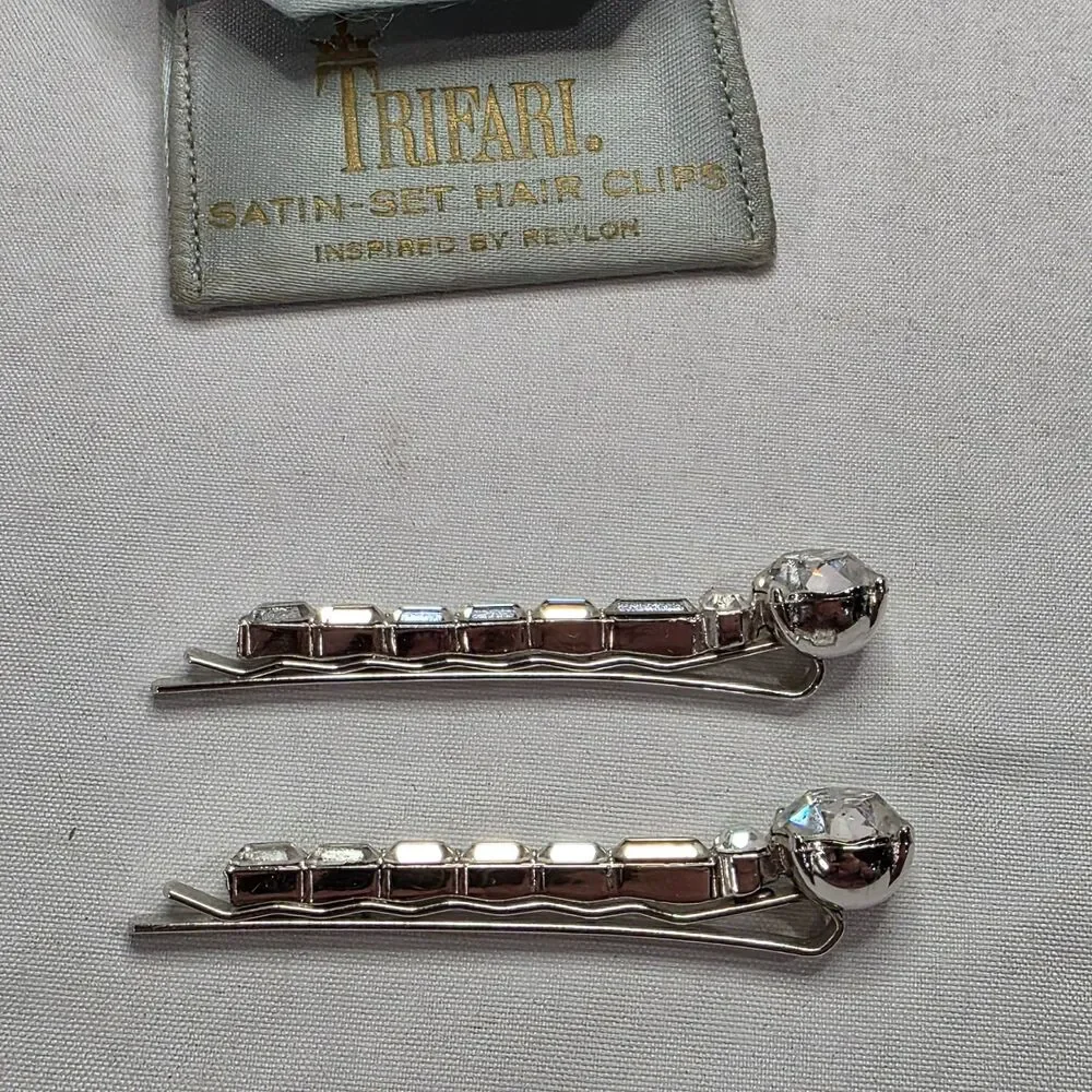 Crown Trifari 1950s Hair Clip Pair Silver Tone Bobby Pins Crystal Rhinestones